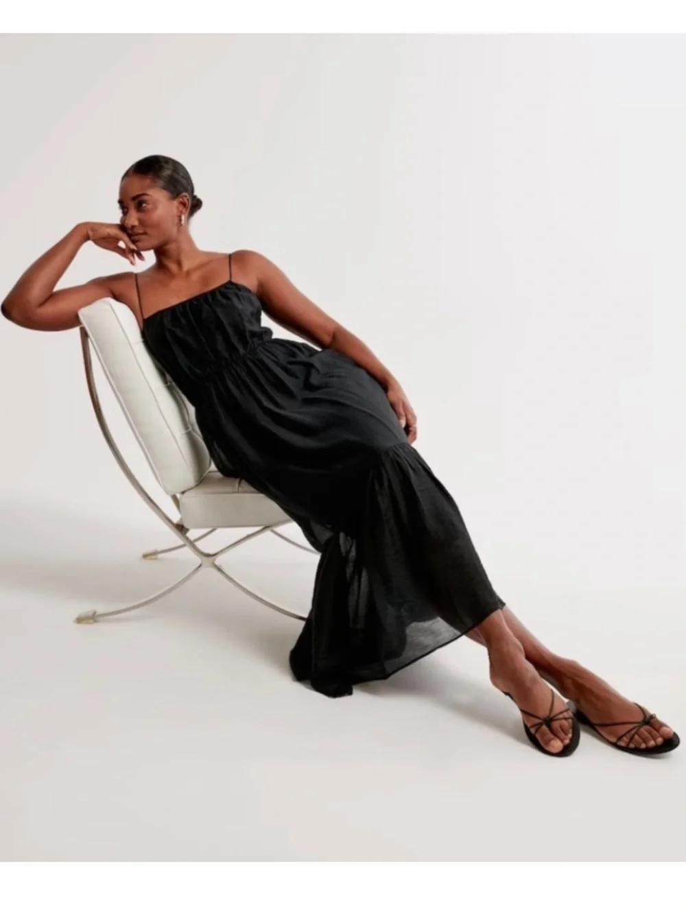 Abercrombie Low Back Tiered Maxi Dress XS Black Open Back Pockets